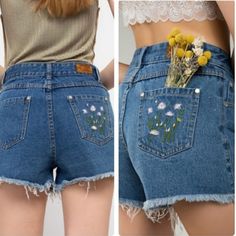 Women’s Pol Denim Shorts High Waist Embroidery Dandelion Flowers With Stems And Leaves Perfection On The Front, Two Thighs, And One Back Pocket 5 Pocket Denim Shorts Sewn Fringe On Bottom Hem 100% Cotton They Only Get Better With Time Measurements In Photos All Taken Laying Flat Styled With Freepeople Top Also Listed And Boutiques Price Firm Unless Bundled Embroidery Dandelion, Floral Embroidered Denim Shorts, Embroidered Denim Blue Shorts, High-rise Embroidered Denim Shorts, Blue Denim Shorts With Patches, High-waisted Blue Jean Shorts With Floral Embroidery, Flowers With Stems, Womens White Jeans, Dandelion Flowers