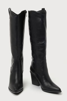 Whether you're going for a chic city vibe or a cute country look, the Lulus Rauland Black Pointed-Toe Knee-High Western Boots pair perfectly with a variety of 'fits! Smooth faux leather shapes these trendy boots that feature a classic pointed-toe upper, a Western-inspired seamed vamp, and a 12.75"" knee-high shaft with a 14.5"" circumference and a 15.5"" zipper at the instep. A single pull tab accents the outstep of the curved topline, while a stacked block heel completes the rodeo-ready look! 3" stacked block heel. Lightly cushioned insole. Rubber sole has nonskid markings. Man made materials. Imported. Lulus | Rauland Black Pointed-Toe Knee-High Western High Heel Boots | Size 6. Knee High Western Boots, Cute Country, Trendy Boots, City Vibe, Cute N Country, Of Outfits, Heel Boots, High Heel Boots, Pull Tab