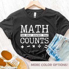 Funny Math Shirt, Mathematics Shirt - With over 39,000 sales and more than 5,000 reviews, we have experience in providing a t-shirt you will love. Our shirt options feel soft and comfortable made from cotton (heather colors also contain polyester).  - Soft t-shirts with quality shirt print - Fast customer service - We are here to help answer any questions! - Many different color and size options SIZING INFO Our unisex tees have a regular t-shirt fit. Width and length measurements for all sizes c Funny Black T-shirt For School, Graphic Tee With Funny Text For School, School Shirt With Funny Text In Cotton, Funny Text Graphic Tee For School, Black T-shirt With Funny Text For School, Black T-shirt With Screen Print For School, Black Screen Print T-shirt For School, School Shirt With Funny Text And Crew Neck, Funny Black Tops For School