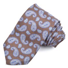 Brown, French Blue, and Silver Teardrop and Pine Paisley Italian Silk Printed Panama Tie by Dion Neckwear Brown French, French Blue, Artisan Craft, Paisley Pattern, Greek Mythology, Silk Printing, Blue And Silver, Panama, Blue Sky