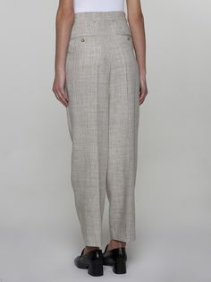 Totemes melange grey viscose and linen blend tailored trousers featuring high waist, belt loops, concealed hook and zip fastening, side pockets, double pleats and rear buttoned welt pockets. Composition: 75% viscose 20% linen 5% polyester Tailored Linen Wide Leg Pants For Business Casual, Linen Wide Leg Pants With Belt Loops For Work, Elegant Linen Wide Leg Pants With Belt Loops, Elegant Linen Wide Leg Pants For Office, High Waist Linen Wide Leg Pants For Business Casual, Business Casual High Waist Linen Wide Leg Pants, Tailored High-waisted Linen Wide Leg Pants, Tailored High-waist Linen Pants, Tailored High Waist Linen Pants