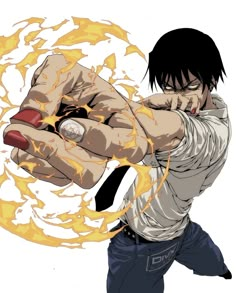 an anime character holding a fire ball in his right hand