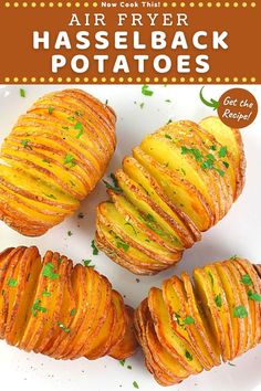 four baked potato halves on a white plate with text overlay that reads air fryer hasselback potatoes