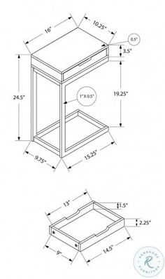 the drawing shows an end table with one drawer and two shelves on each side, as well as measurements