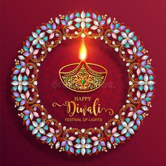 happy diwali festival with colorful lights and floral wreath on red background royalty illustration