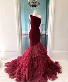 Prom Dress One Shoulder, Red Mermaid Prom Dress, Burgundy Evening Dress, Gaun Fashion, Mermaid Prom Dress, Cheap Evening Dresses, Velvet Gown, Dress One Shoulder