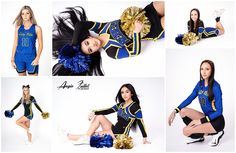 a collage of cheerleaders posing for their photos in blue and gold outfits