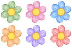 six different colored flowers on a white background