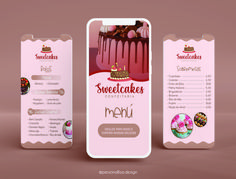 three menus designed to look like desserts with chocolate icing and pink frosting