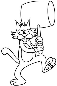 cartoon cat holding a sign and running with it's paw in the air coloring page