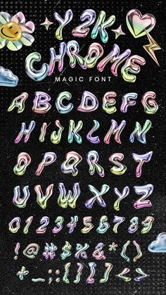 the letters and numbers are made up of iridescent colors, with different shapes