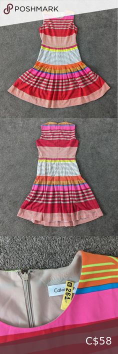 Calvin Klein Women's Y2K Rainbow Striped Pleated Summer Dress Size Medium Retro