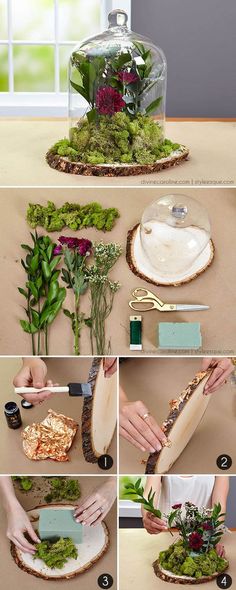 the steps to make a diy moss covered tray with flowers and plants on it