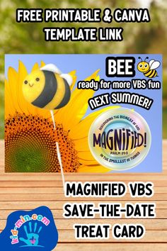 an advertisement for the free printable and canva template link, with a bee on it