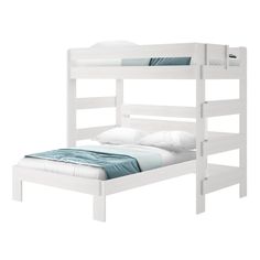 a white bunk bed with two sets of mattresses on each side and one end