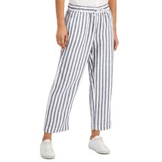 Breezy Linen And Vertical Stripes Deliver A Weekend-Getaway Vibe When You Wear Charter Club's Wide-Leg Pants With A Comfy Drawstring Waist. Approx. Model Measurements: Height: 5'10"; Bust: 35-1/2"; Waist: 27"; Hips: 35" And She Is Wearing A Medium. Approx. Inseam: 31" Mid Rise; Front: Approx. 10-3/4"; Straight Wide Leg Drawstring Tie At Waist Pockets At Sides And Back Linen Machine Washable Imported Striped Linen Bottoms For Day Out, Striped Linen Pants With Elastic Waistband, Casual Striped Linen Wide Leg Pants, Striped Linen Pants, Drawstring Waist Pants, Womens Capris, Matching Family Outfits, Charter Club, Family Outfits