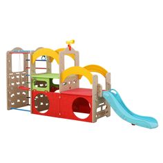 a wooden play set with a slide and climbing frame