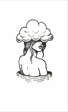 a drawing of a woman with a cloud on her head sitting in the middle of water