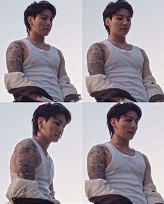 multiple shots of a man with tattoos on his arm and shoulder, sitting down in front of the camera