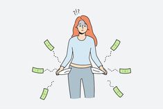 a woman standing with her hands in her pockets surrounded by money