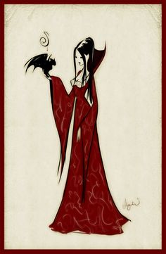 a drawing of a woman in a red dress with a cat on her shoulder and arms outstretched