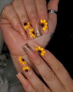 Nail Ideas Sunflowers, Shimmery Acrylic Nails, Sunflower Nails Fall, Nails Acrylic Sunflower, Nails Acrylic Fall Designs, Acrylic Sunflower Nails, Sunflower Fall Nails, Sunflower Nails Acrylic, Fall Nail Inspo Acrylic