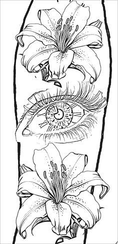 a line drawing of flowers with an eye in the middle