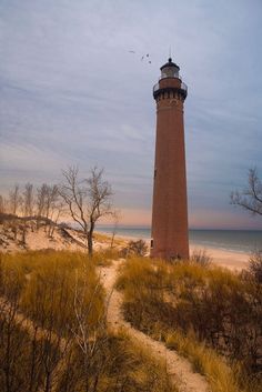 a tall light house sitting on top of a sandy beach next to the ocean and trees