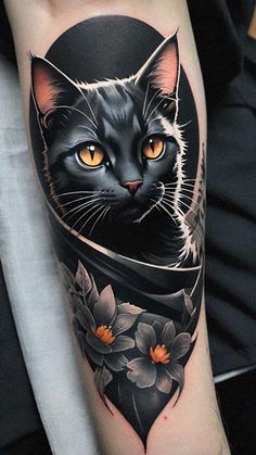 a black cat with yellow eyes wearing a hat and flowers on its leg tattoo design