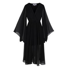 This stunning midi dress features a pleated surplice front bodice that cinches at the elasticized waist. The wide kimono-inspired shaped sleeves add unexpected drama. Crafted for comfort, this midi dress has a center back neck pleat and pull-over fit that feels unbelievably comfortable and effortless. This dress is cut from a lightweight, sheer chiffon in a jet black hue and is partially lined to the knee for added coverage.  You will be at ease wearing this flirty yet figure-flattering midi dre 90s Whimsigoth Dress, Boho Black Dress, Wide Sleeve Dress, Black Dress Casual, Black Flowy Dress, Witchy Clothes, Black Shade, Medium Dress, Back Neck