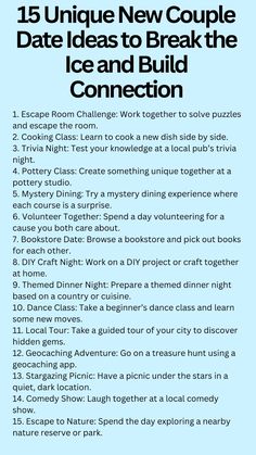 Stand out from the crowd with these creative new couple date ideas. Perfect for getting to know each other in fun, memorable ways. #NewCoupleDateIdeas #UniqueDataes #RelationshipTips How To Date, Couples Ideas Activities, Couples Activity Ideas, Couple Activity Ideas, Couple Date Ideas, Divine Counterpart, Couple Dates, Things To Do With Your Boyfriend, Date Night Games