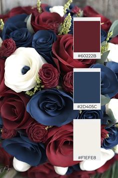 a bouquet of red, white and blue flowers with the color scheme for each flower