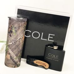 the gift set includes a flask, lighter, and card case for someone's special occasion