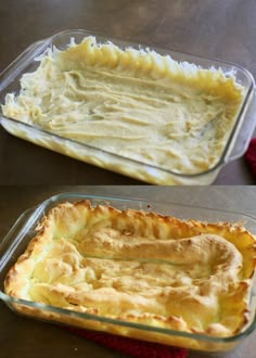 two pictures of the same casserole dish before and after baking