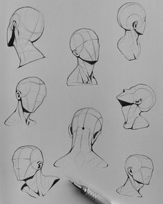 a pencil drawing of various head and neck shapes on a piece of paper with a pen