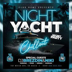 night yacht party flyer template with boat on water and palm trees in the background,