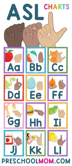 a poster with the words asl and alphabets in different colors, shapes, and sizes