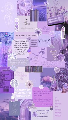 a collage of purple and white images