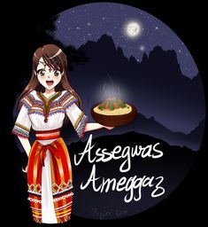 a woman holding a plate with food on it and the words asegras amegas above her