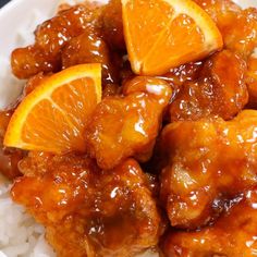 orange chicken on rice in a white bowl with text overlay that reads, recipe for orange chicken