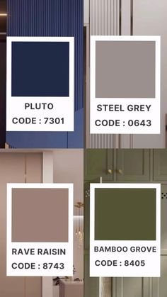 four different colors of doors with the names and numbers in each paneled section,