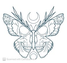 a drawing of a butterfly with two skulls on it's wings and the moon in the background