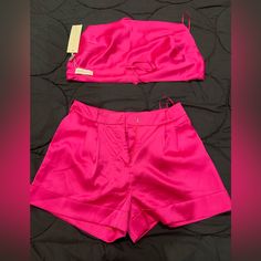 Donnee Par Dieu Hot Pink Shorts And Top Stretchy Silk. Brand New Never Warned Size L. Originally Each Piece Was $65 Spring Night Out Short Sets, Chic Pink Short Length Top, Fitted Summer Shorts For Night Out, Summer Party Sets With Short Length, High Waist Pink Shorts For Night Out, Chic Pink Shorts For Night Out, Short Summer Sets For Night Out, Short Sets For Summer Night Out, Short Sets For Night Out In Summer