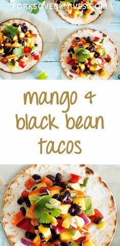 three different types of black bean tacos on top of each other with the words mango 4