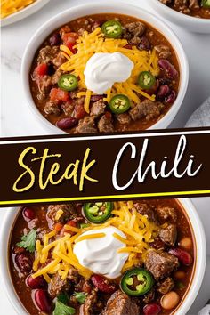 two bowls of steak chili with sour cream on top and the title overlay reads, steak chili