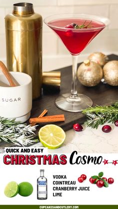 a poster for christmas cosmo featuring two cocktails and gingerbread cranberry juice