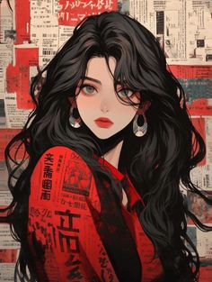 a painting of a woman with long black hair wearing a red shirt and large earrings