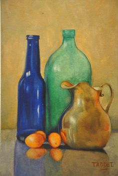 an oil painting of bottles and oranges on a table