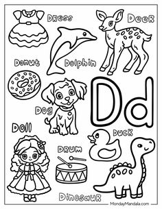 the letter d is for dog coloring page with animals and other things to color in