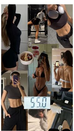 a collage of photos showing women in bikinis and sports bras taking pictures with their cell phones